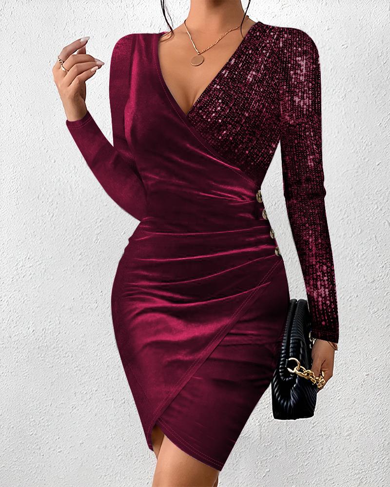 Colorblock Velvet Contrast Sequin Ruched Wrap Party Dress