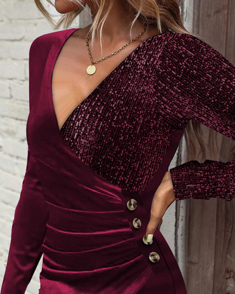 Colorblock Velvet Contrast Sequin Ruched Wrap Party Dress
