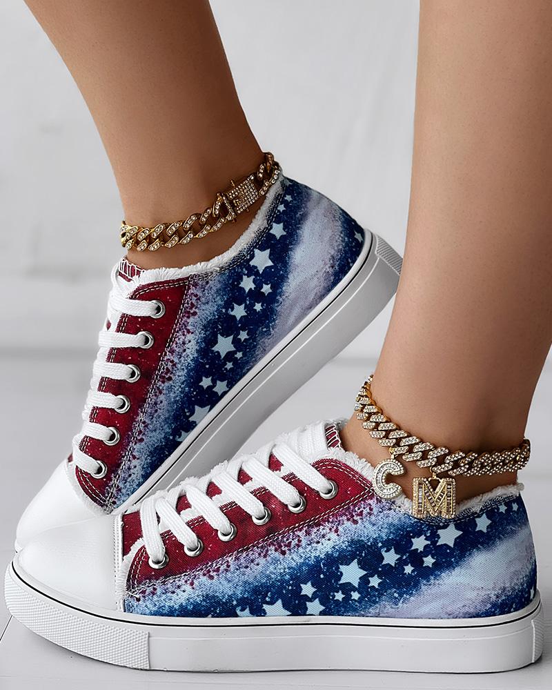 Independence Day Flag Print Raw Hem Canvas Sneakers