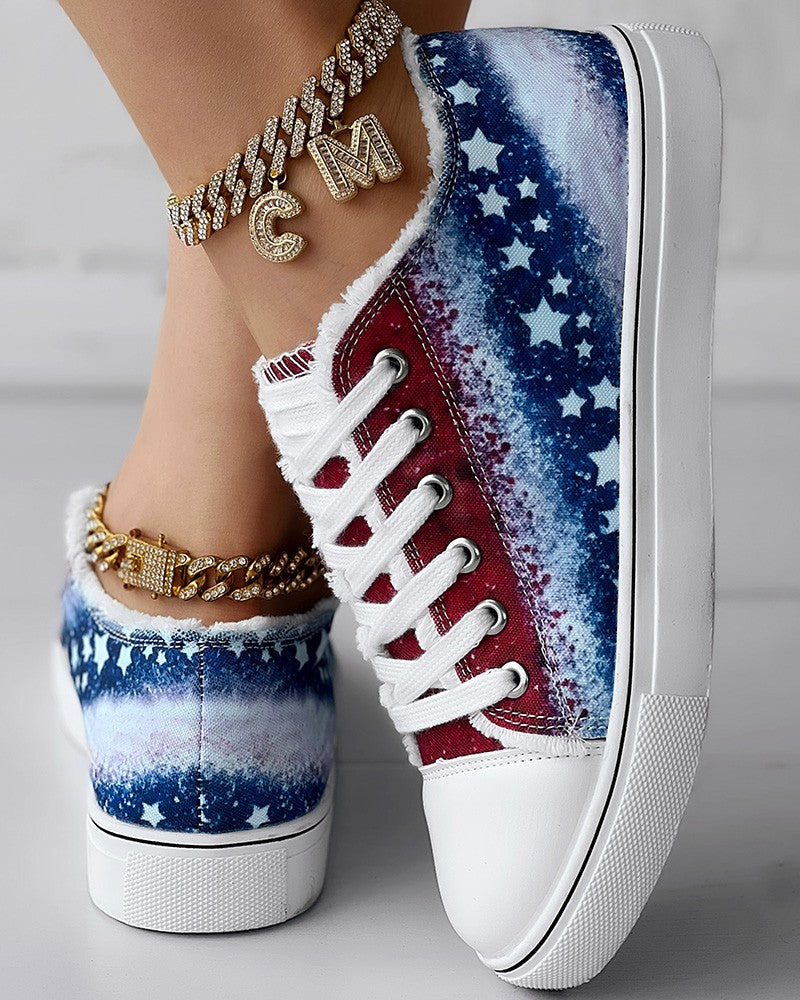 Independence Day Flag Print Raw Hem Canvas Sneakers