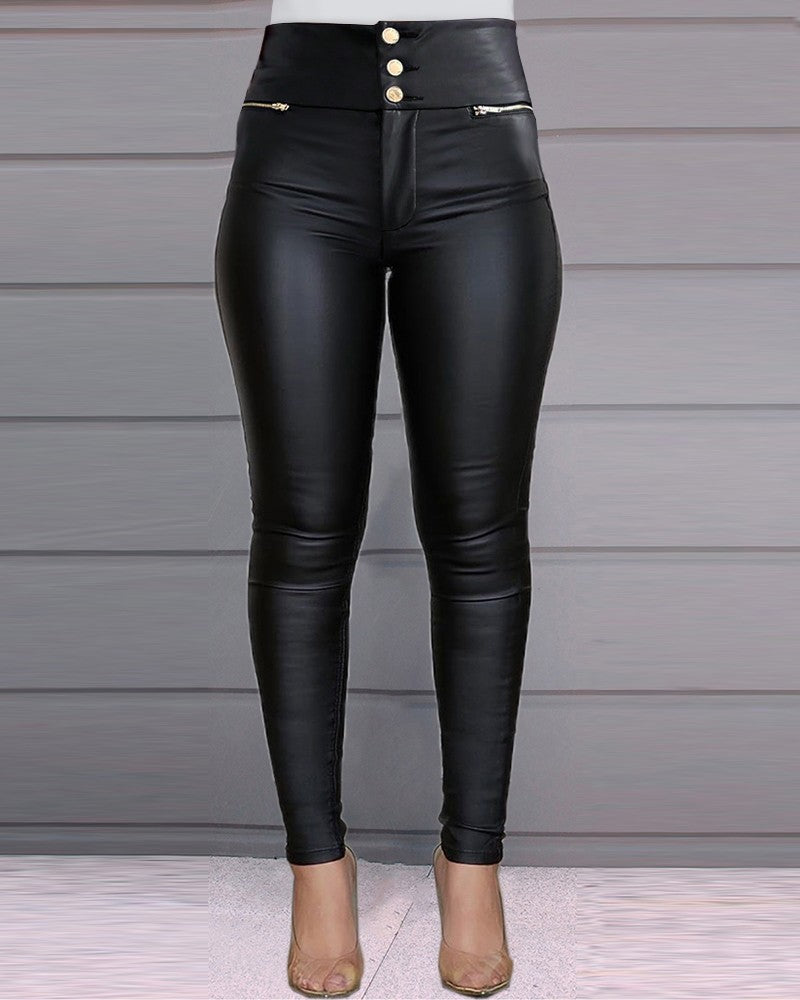 PU Leather High Waist Zipper Design Pants