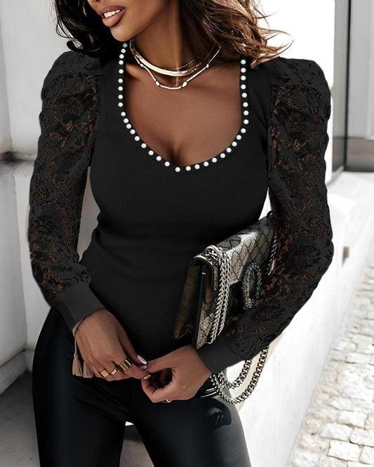 Gigot Sleeve Lace Patch V Neck Top