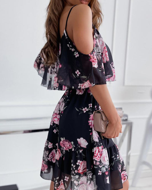 Floral Print Cold Shoulder Ruffle Hem Chiffon Dress