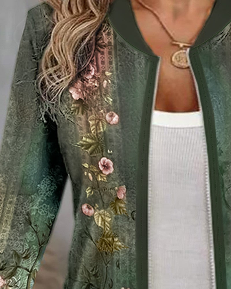 Floral Tribal Print Zipper Design Jacket