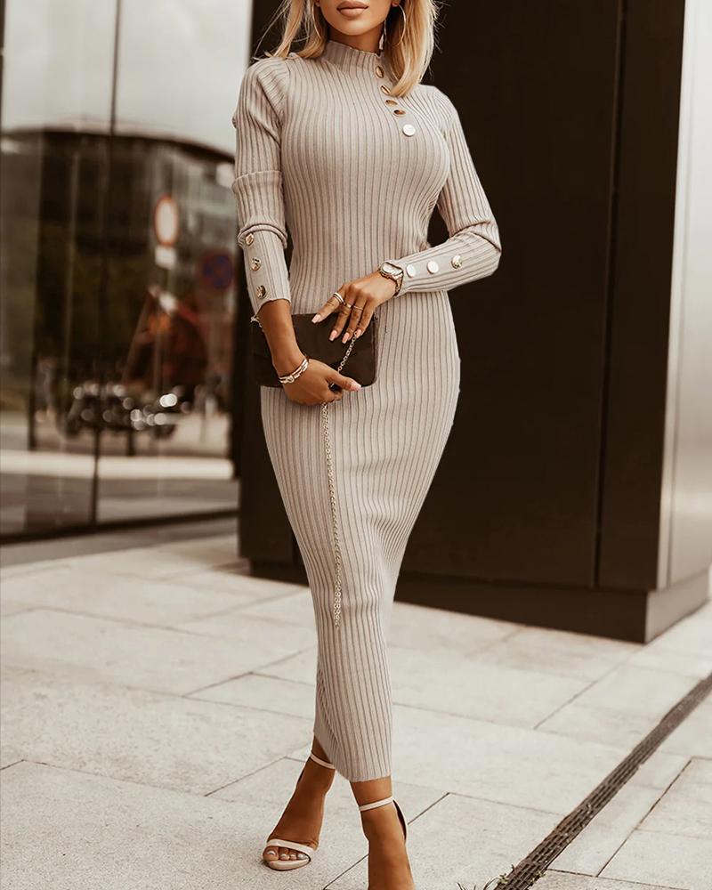 Mock Neck Buttoned Knit Sweater Dress