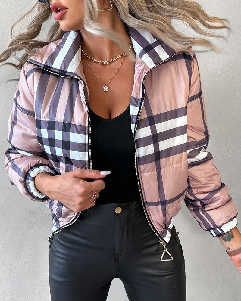 Plaid Print Zip Up Long Sleeve Puffer Coat