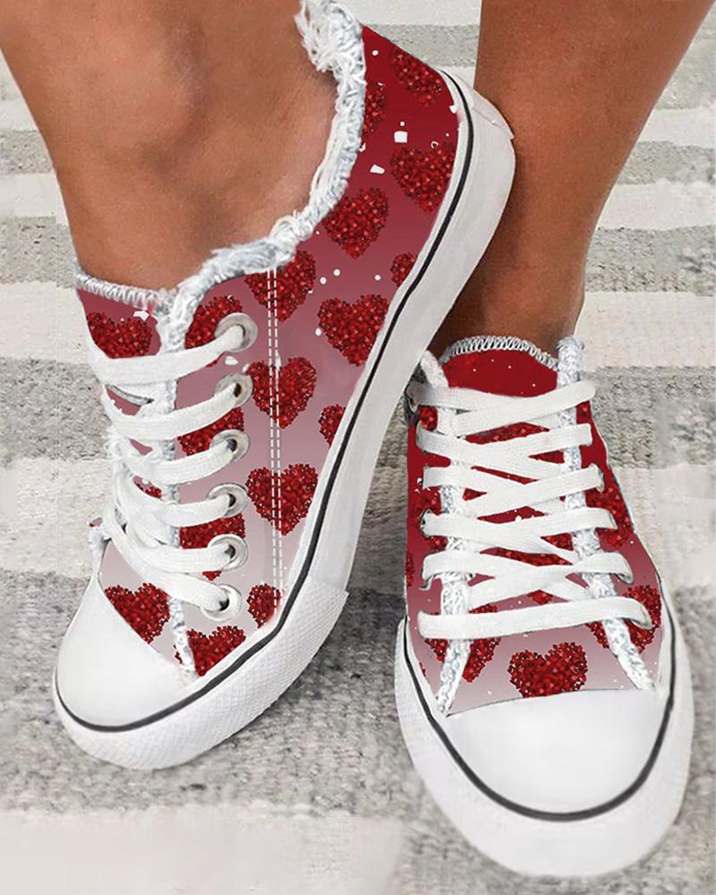 Heart Print Fringe Hem Lace up Canvas Sneakers