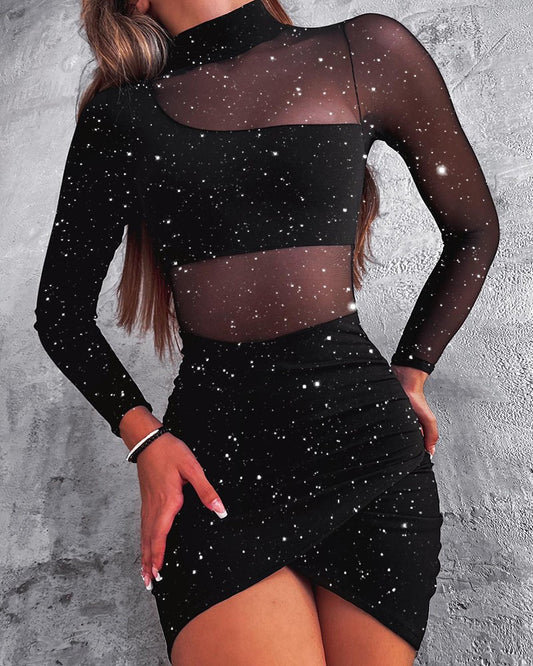 Glitter Contrast Mesh Ruched Long Sleeve Bodycon Dress