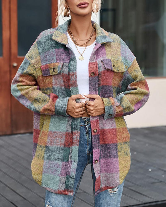 Multicolor Brushed Plaid Pocketed Shacket