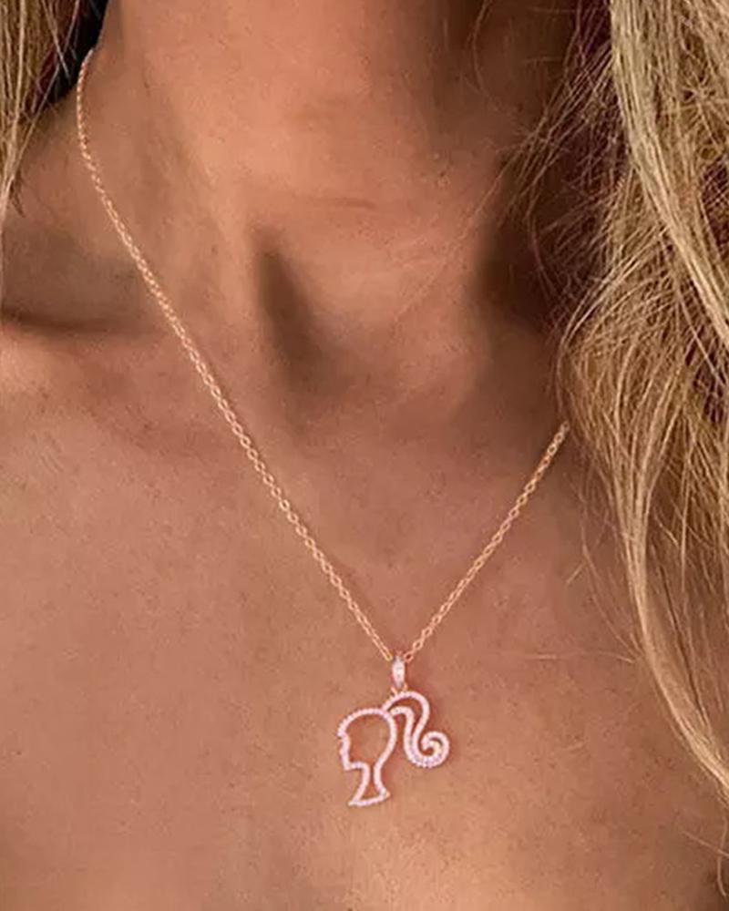 1pc Hollow Rhinestone Barbie Head Shaped Pendant Necklace