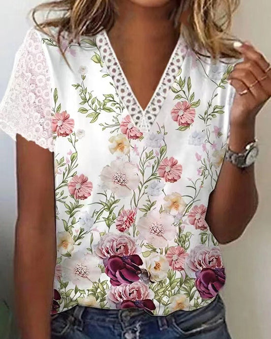 Floral Print Crochet Lace V Neck T shirt