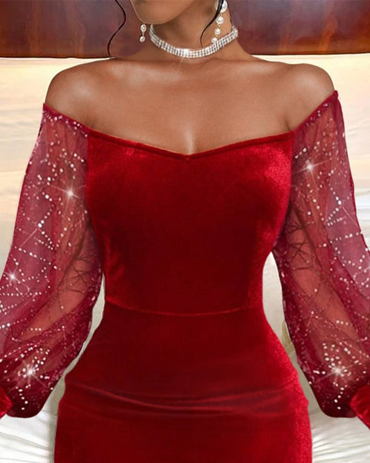 Sequin Sheer Mesh Lantern Sleeve Velvet Bodycon Dress