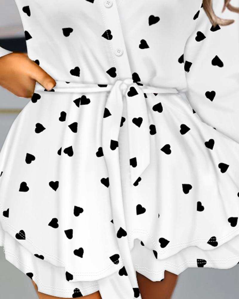 Heart Print Colorblock Tied Detail Layered Romper