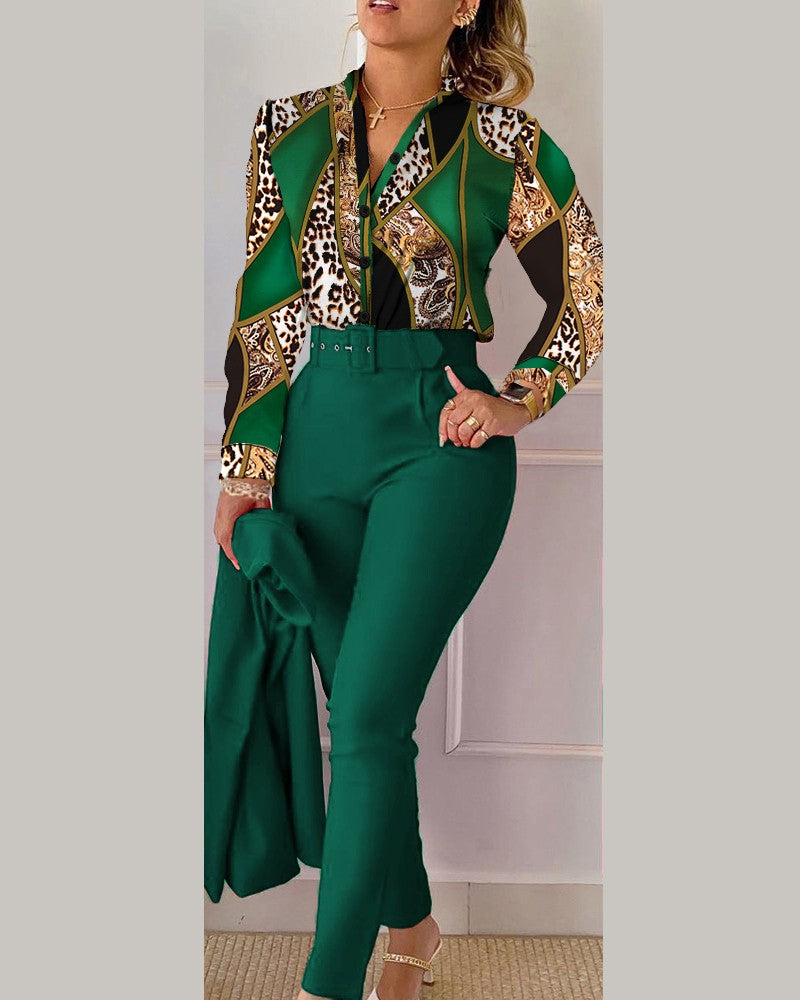Baroque Leopard Print Shirt & Belted Pants Set