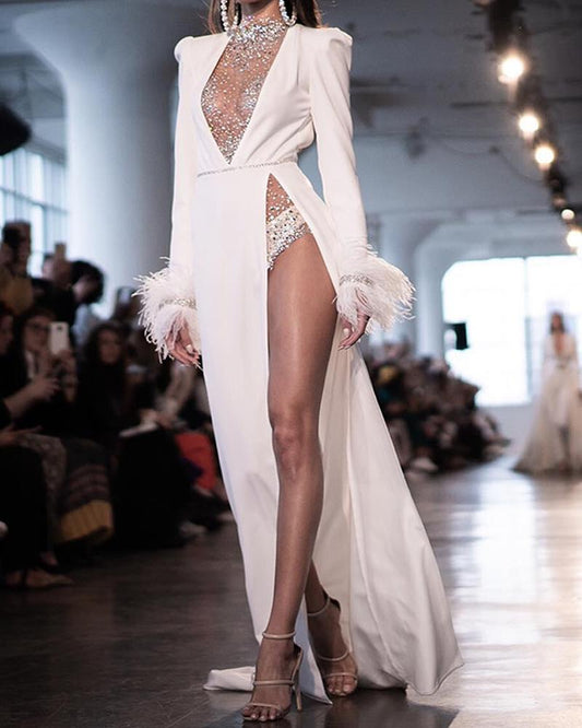 Mesh Patch Rhinestone Decor Slit Evening Dress