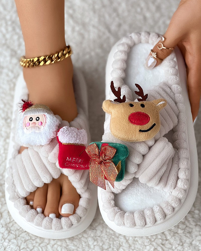Christmas Cartoon Elk Santa Pattern Cross Strap Winter Slippers