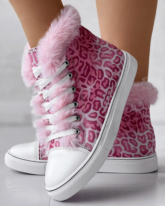 Pink Leopard Print Fuzzy Detail Lined Ankle Boots