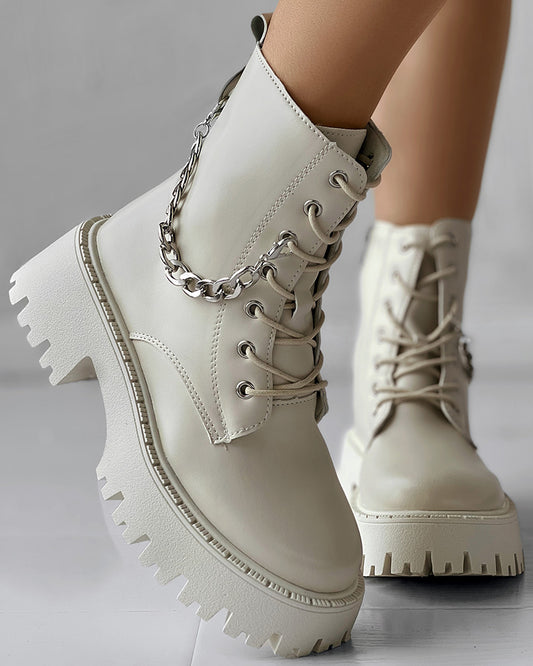 Zipper Design Chain Decor Lace up Platform Ankle Boots