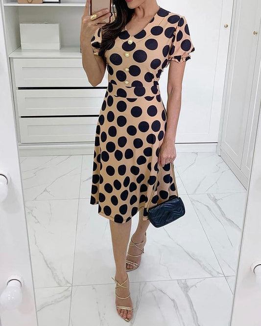 Polkadot Print Button Decor Casual Dress