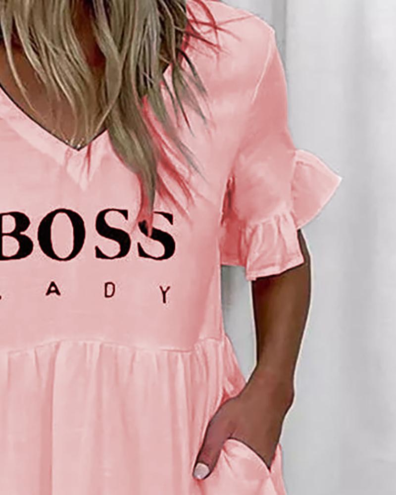 Letter Print Bell Sleeve Ruffles Casual Dress