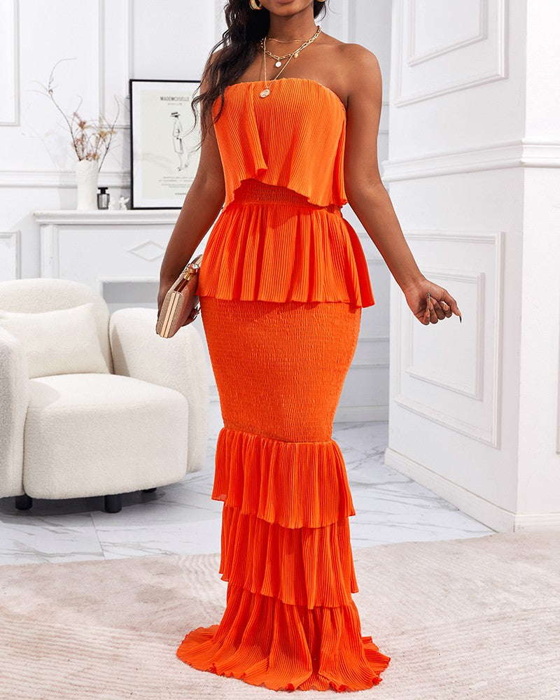 Bandeau Shirred Ruffle Hem Layered Dress