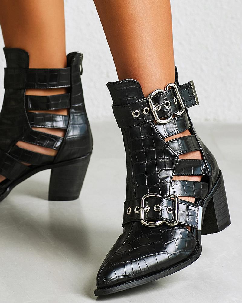Eyelet Buckled Cutout Chunky Boots