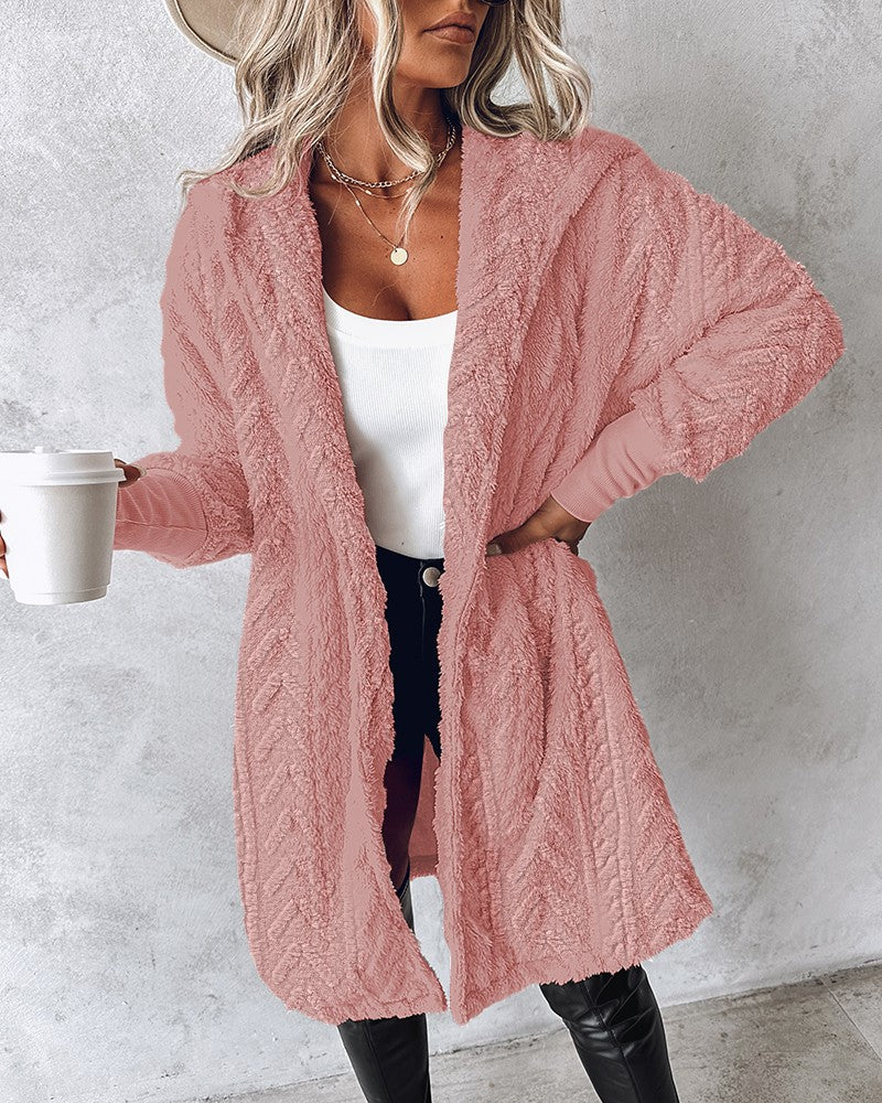 Fuzzy Textured Hooded Longline Fleece Coat