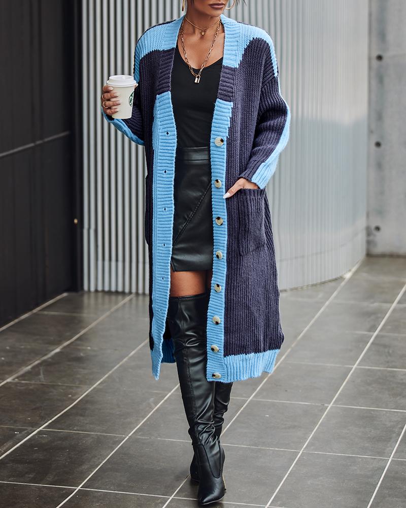 Colorblock Pocket Design Longline Knit Cardigan