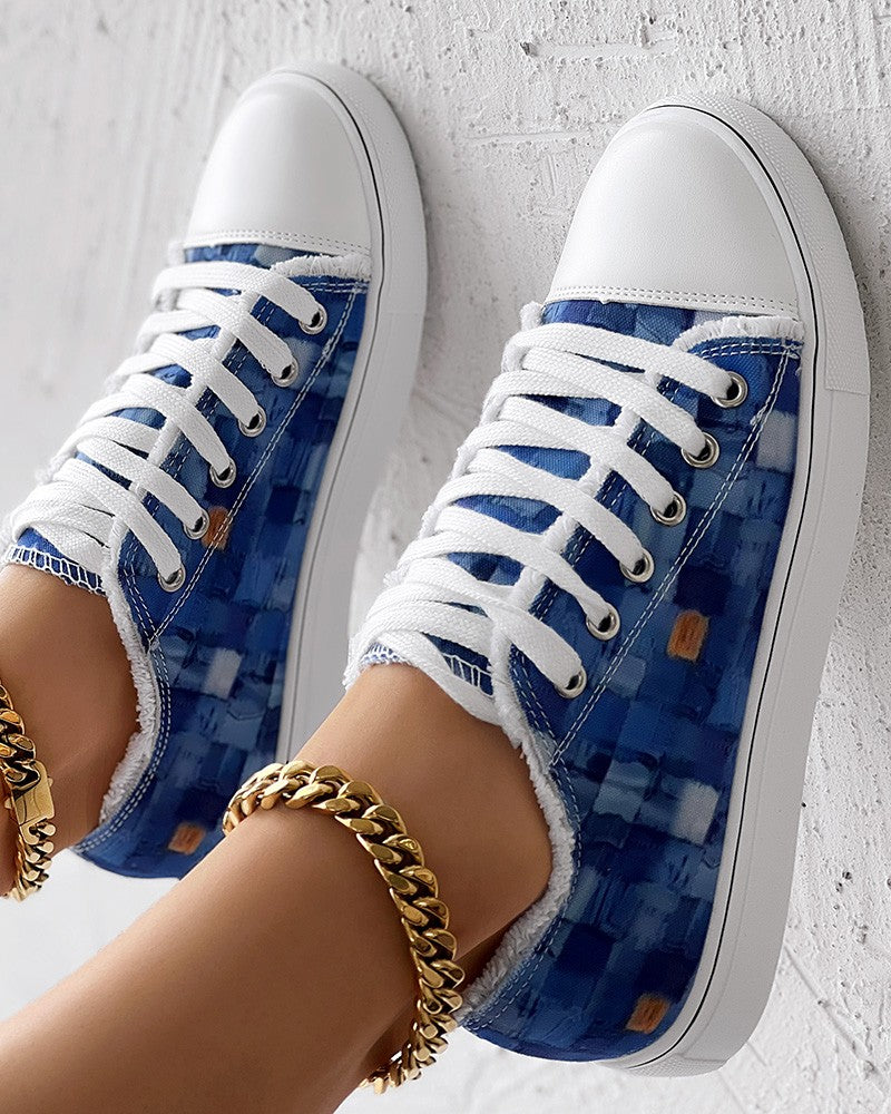 Denim Look Print Raw Hem Eyelet Lace up Sneakers