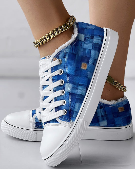 Denim Look Print Raw Hem Eyelet Lace up Sneakers