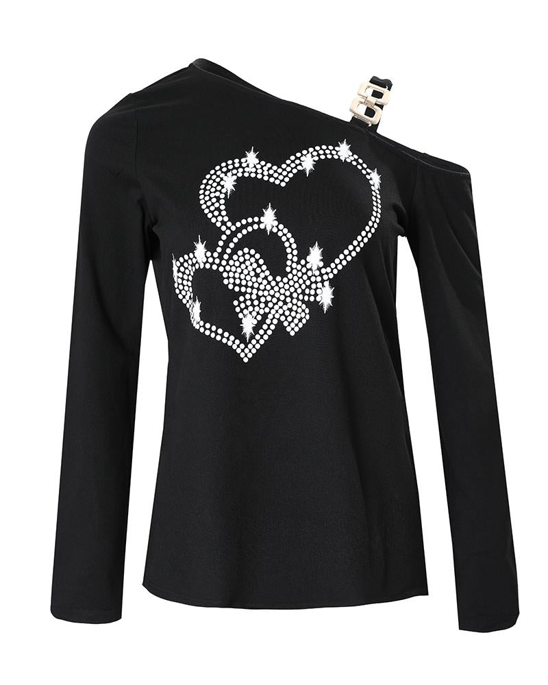 Studded Heart Pattern Cold Shoulder Top