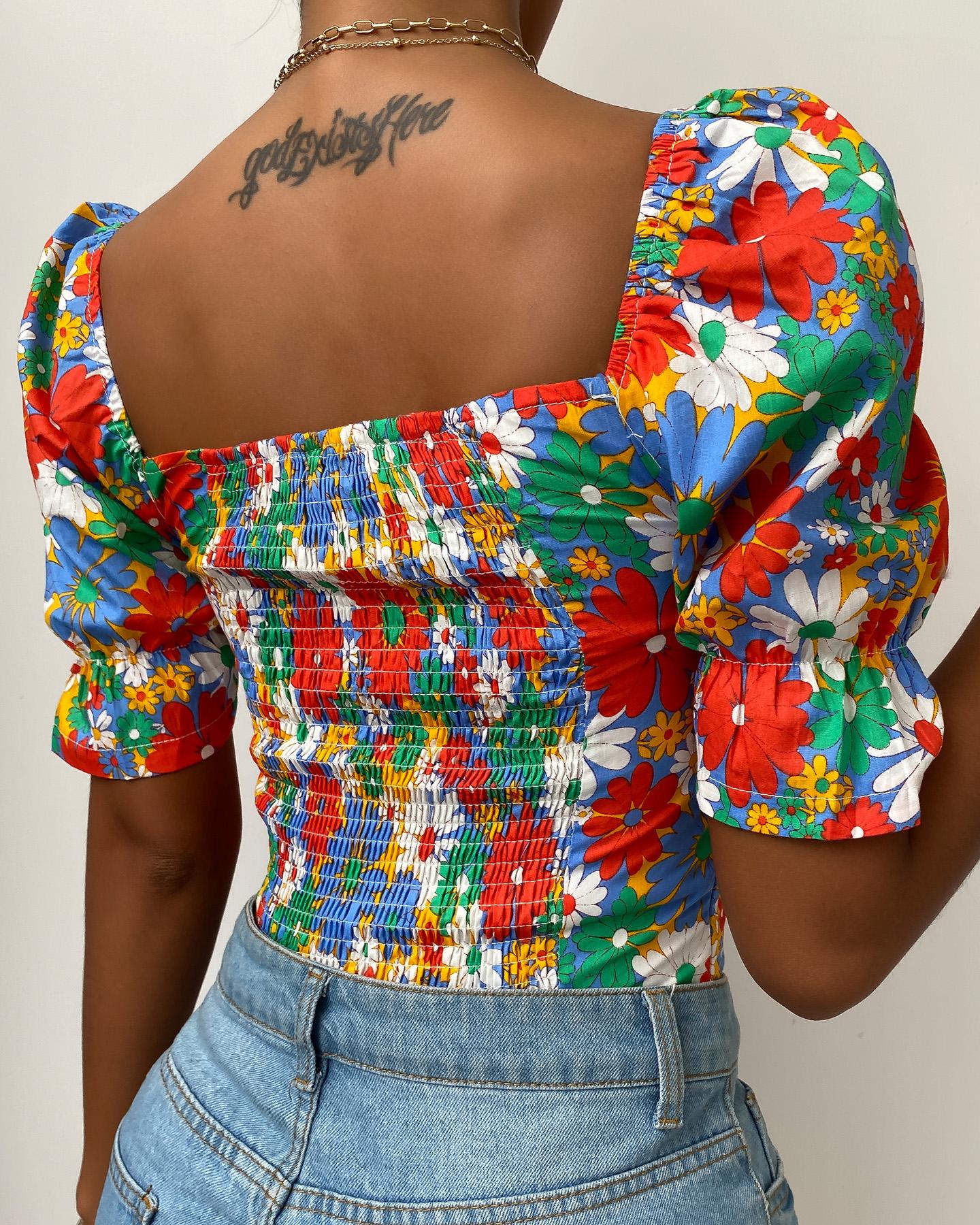 Floral Print Puff Sleeve Shirring Detail Top