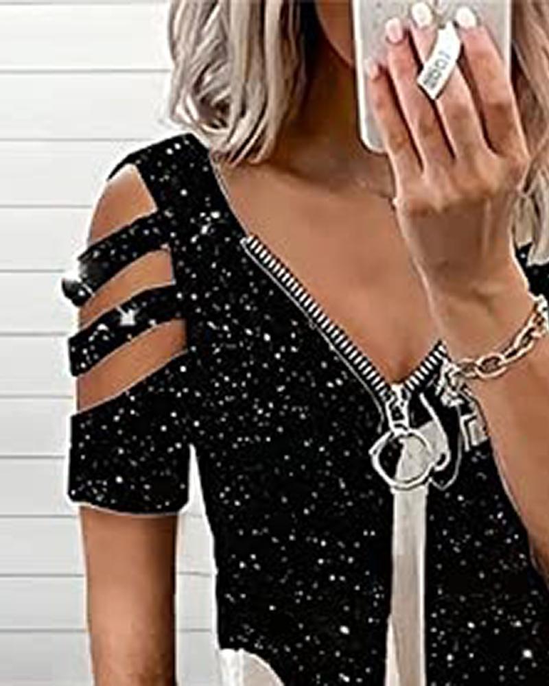 Sparkling Sky Print Zipper Design Cutout T shirt