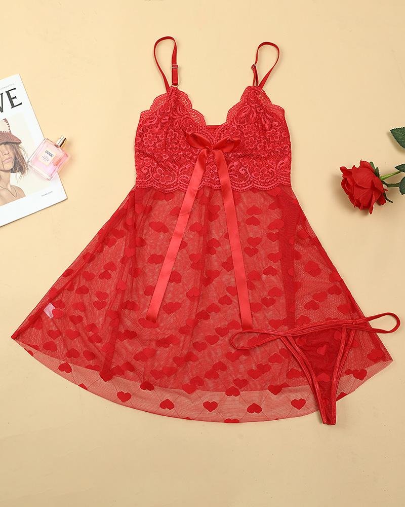 Christmas Lingerie Contrast Lace Heart Flocked Sheer Mesh Babydoll With Thong