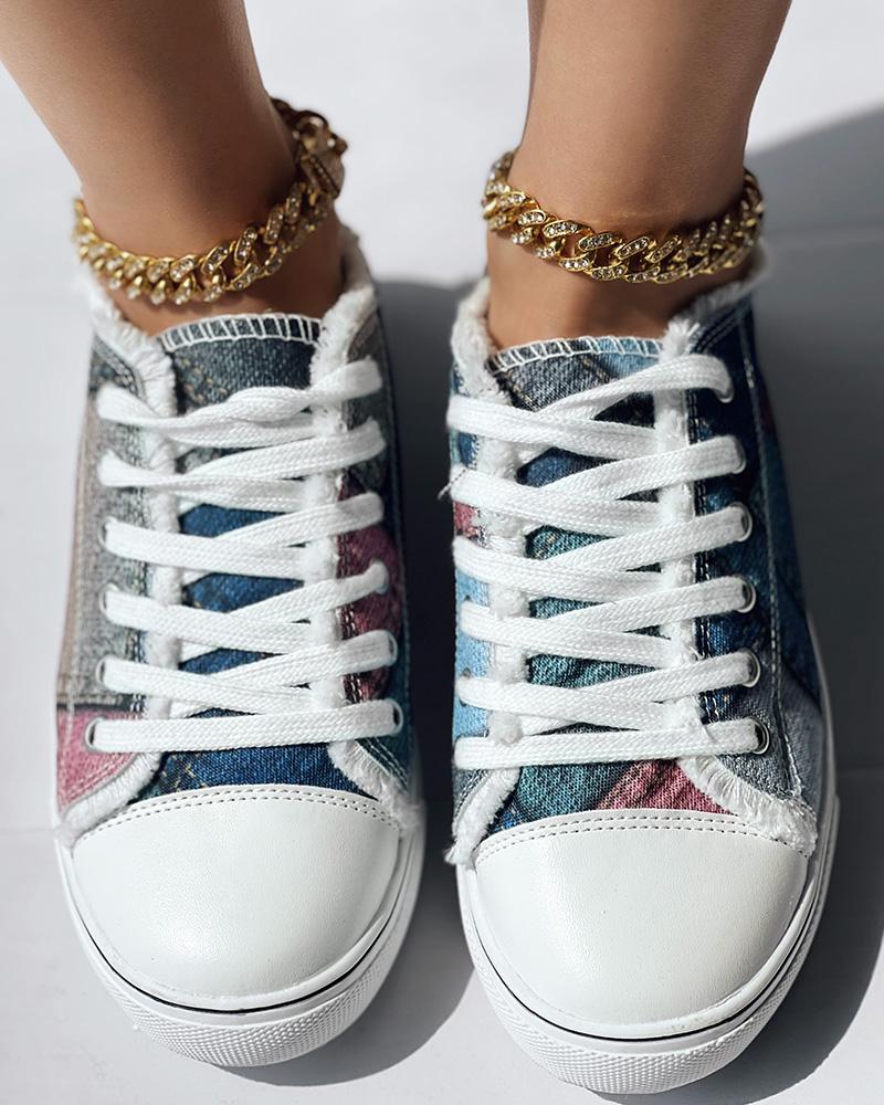 Denim Look Print Eyelet Lace up Raw Hem Sneakers