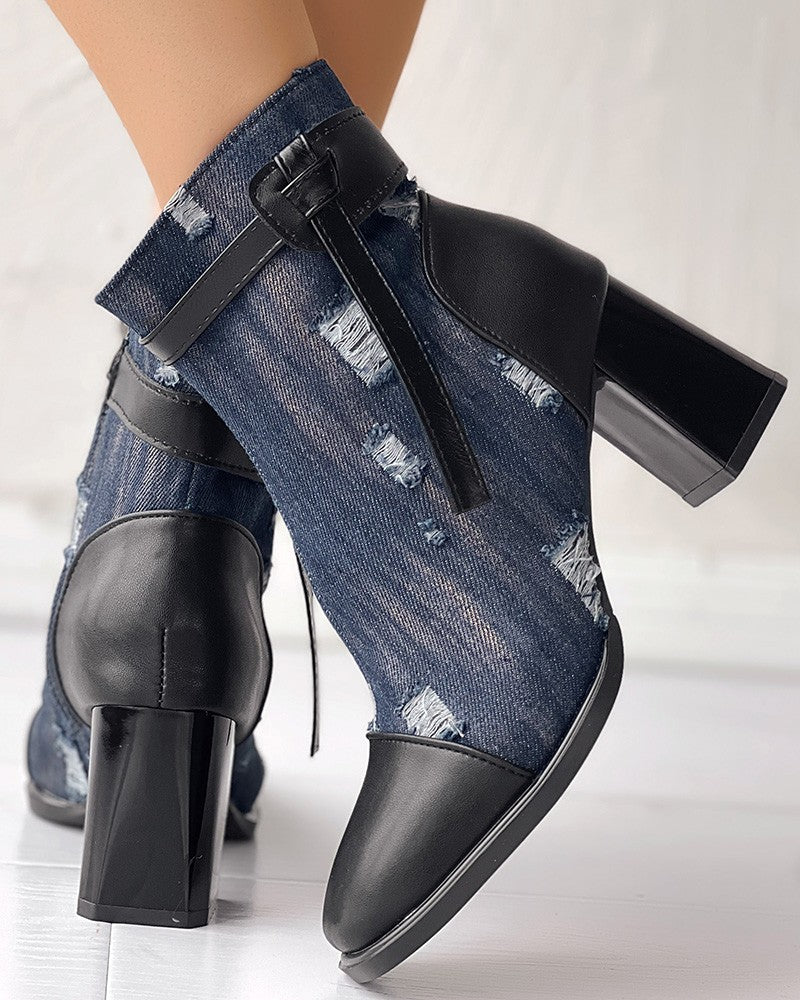 Ripped Denim Chunky Heem Ankle Boots