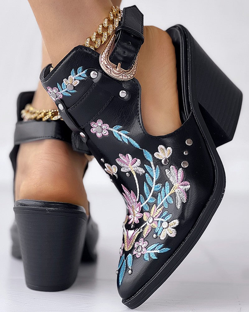 Floral Embroidery Studded Slingback Buckled Boots
