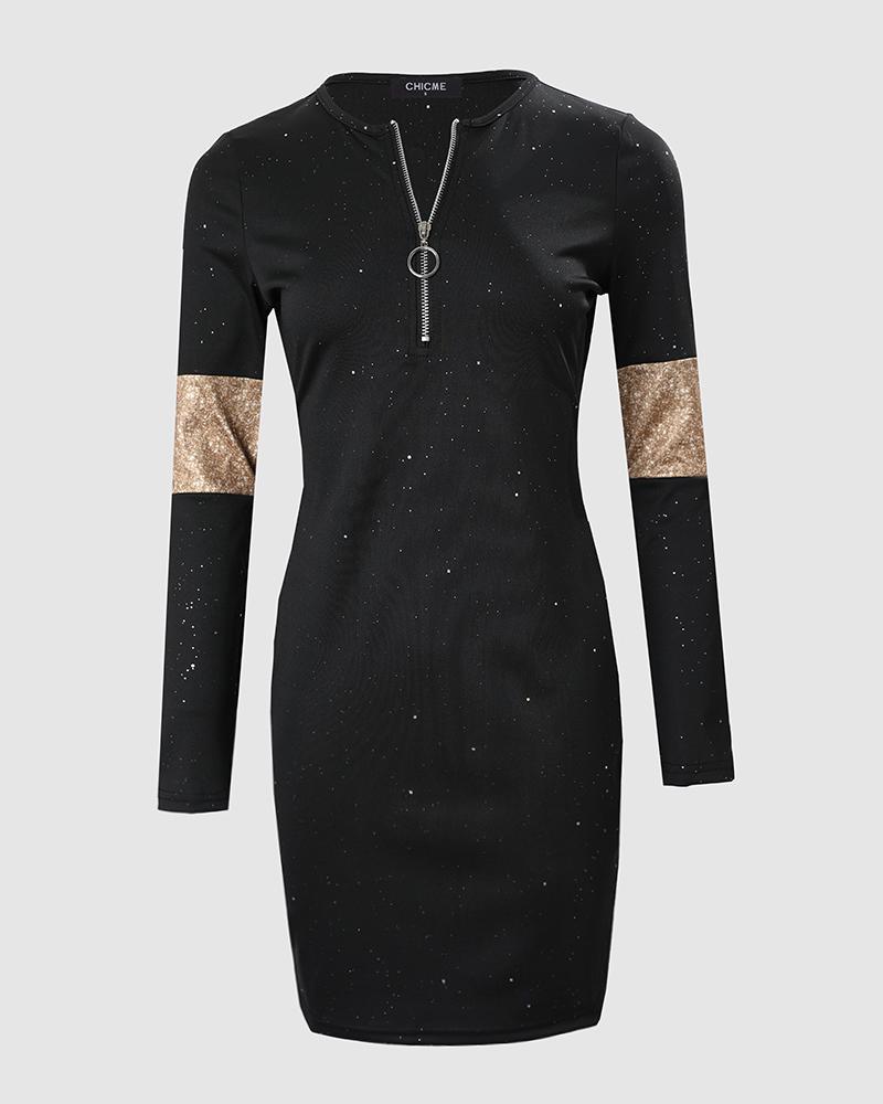 Glitter Zipper Design Long Sleeve Bodycon Dress