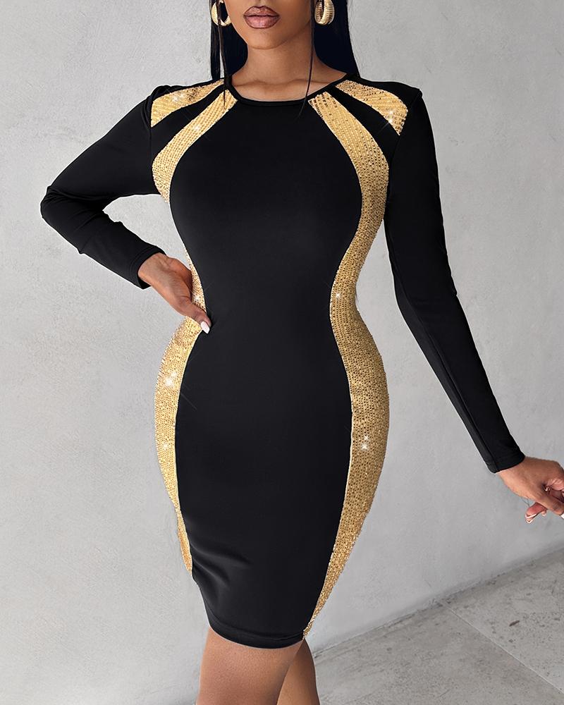 Contrast Sequin Long Sleeve Slit Bodycon Dress