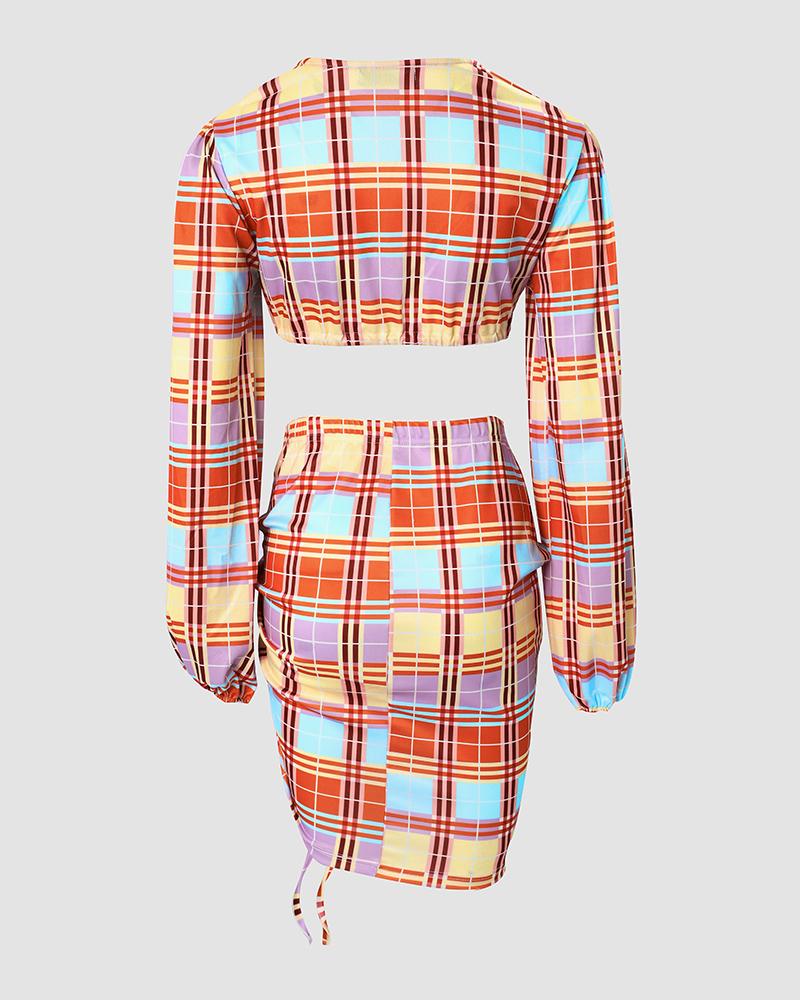 Plaid Print Crop Top & Drawstring Ruched Skirt Set