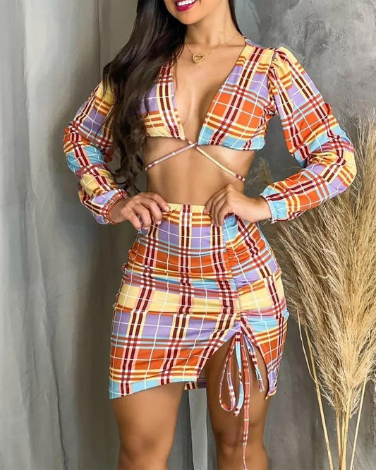 Plaid Print Crop Top & Drawstring Ruched Skirt Set