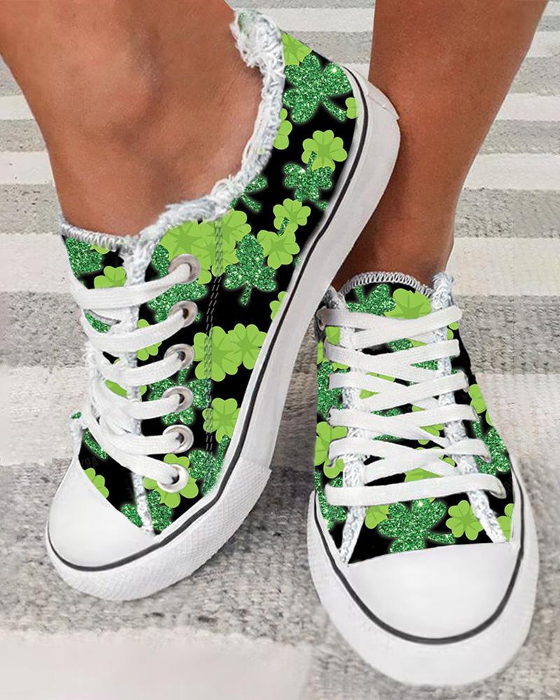 St. Patrick's Day Lucky Clover Print Fringe Hem Canvas Sneakers