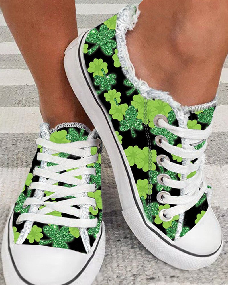 St. Patrick's Day Lucky Clover Print Fringe Hem Canvas Sneakers