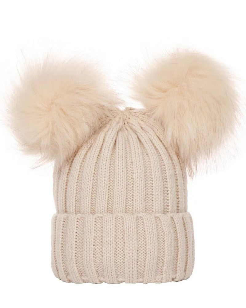 Double Pom Pom Decor Knit Cuffed Beanie For Adult