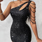 One Shoulder Cutout Allover Sequin Party Dress