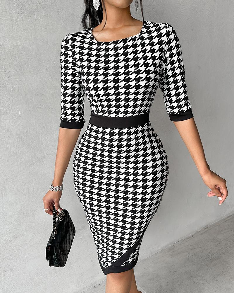 Houndstooth Print Square Neck Wrap Work Dress
