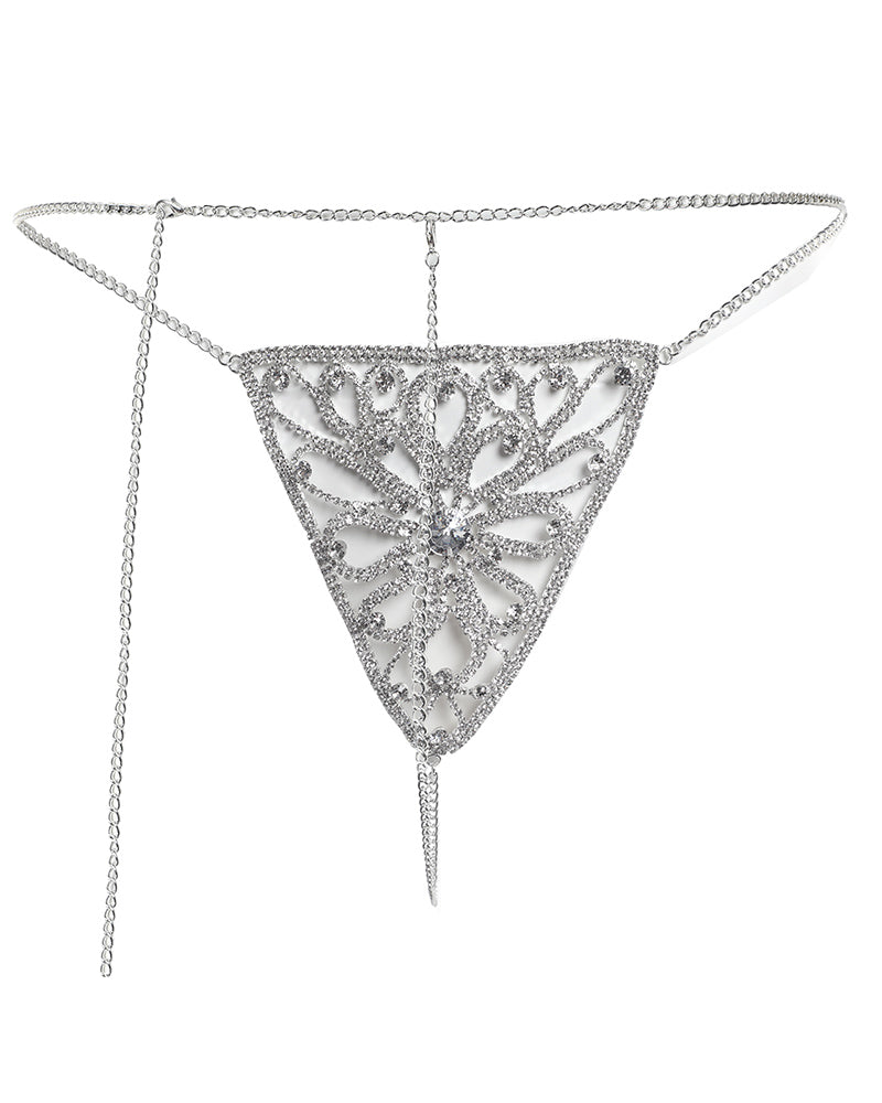 Rhinestone Floral Pattern Underwear Thong Panty Body Chain Jewelry