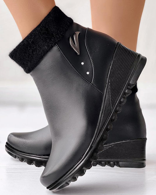 Fuzzy Detail Lined Wedge Ankle Boots