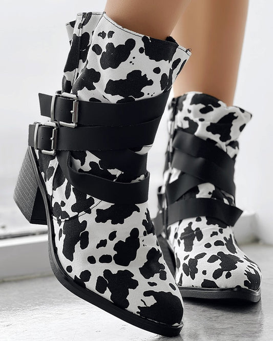 Cow Print Buckled Cowboy Style Ruched Ankle Boots