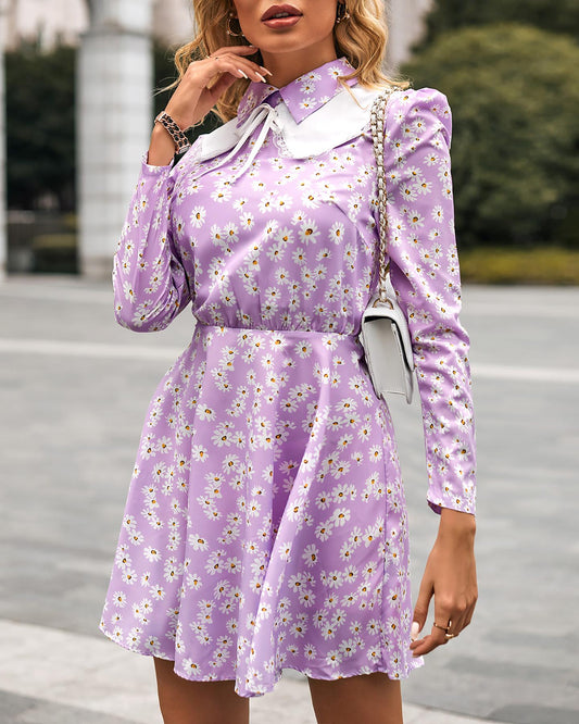 Daisy Print Tied Detail Long Sleeve Dress